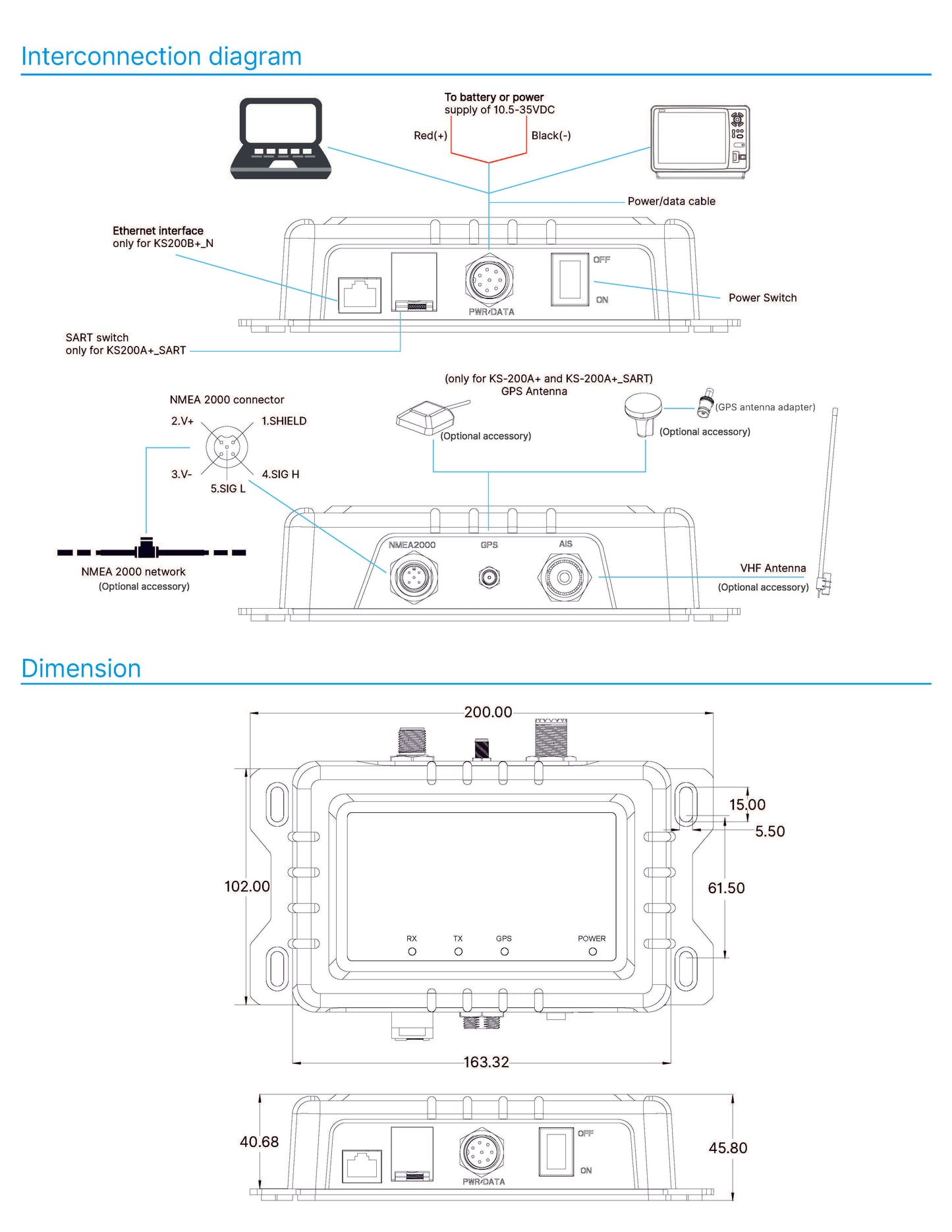 KS-200A+ AIS transponder 5W SODTMA - WiFi - NMEA 2000 - 0183